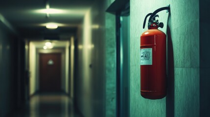 Red fire extinguisher mounted on a wall in a dimly lit hallway.