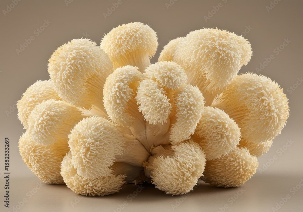 Poster a close up view of a lion's mane mushroom with a textured surface on a neutral color background