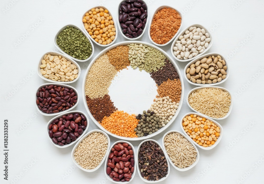 Poster a colorful assortment of legumes and grains arranged in bowls on a white surface in a circular patte