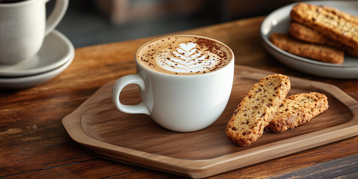 Cappuccino mit Latte Art, serviert mit knusprigen Biscotti auf einem Holztisch