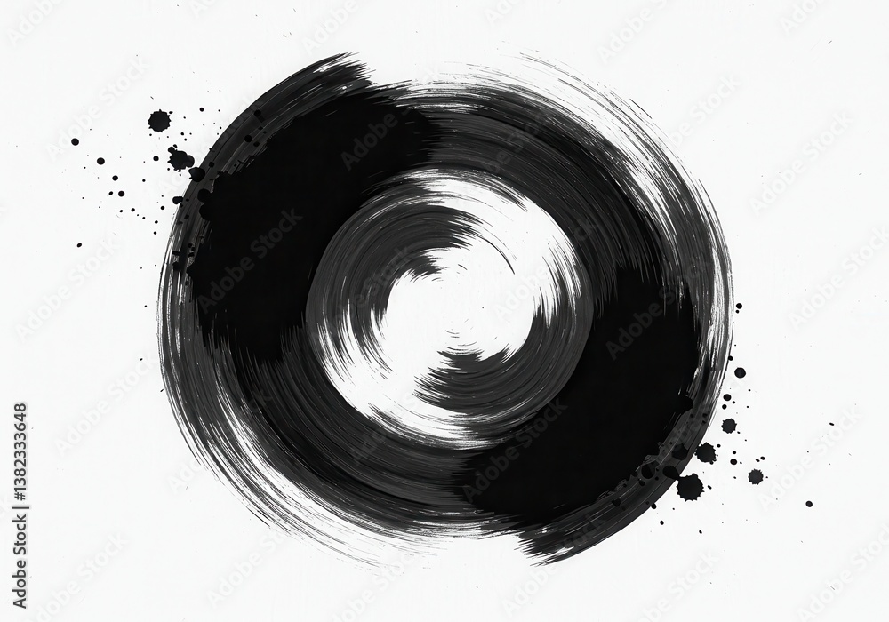 Poster a black ink circle with splatters on a white background creating an artistic zen like expression