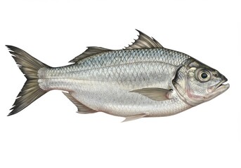Illustration of a silver colored fish with detailed scales on a white background in side view