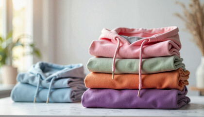 Hoodies folded neatly in soft natural light, fabric and color focus