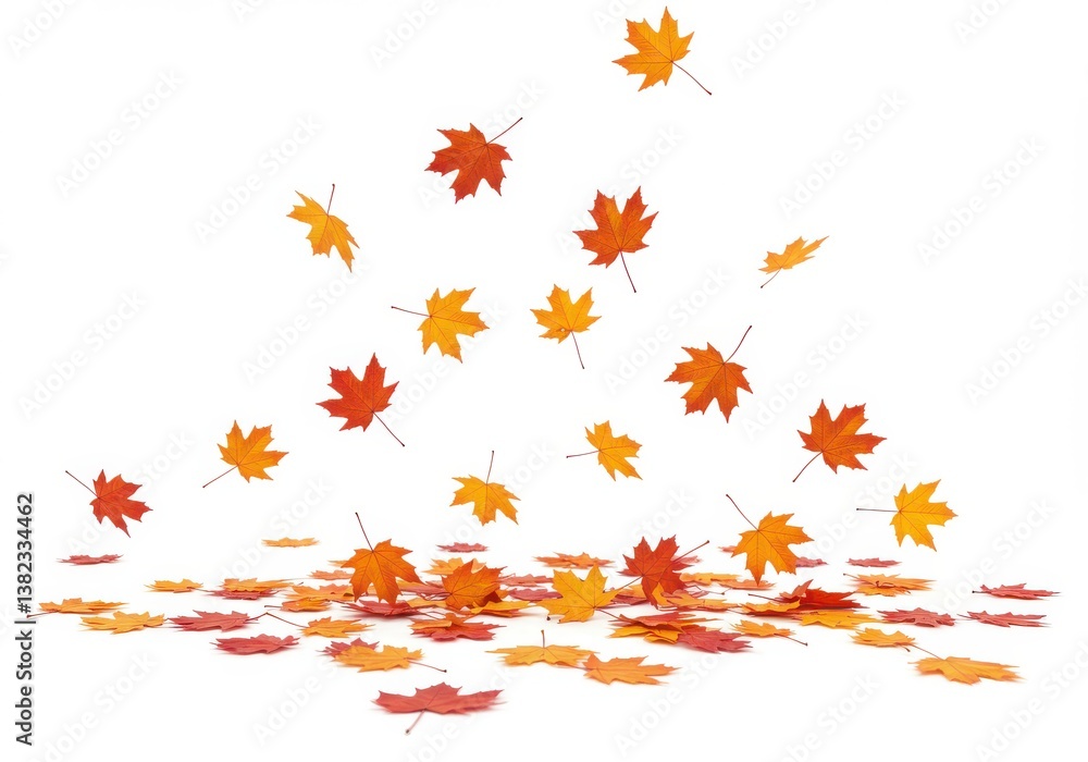 Poster autumn leaves falling on a white background in a studio setting with soft lighting effects