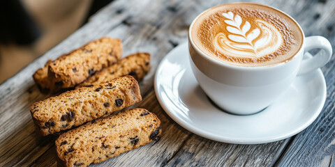 Cappuccino mit Latte Art, serviert mit knusprigen Biscotti auf einem Holztisch