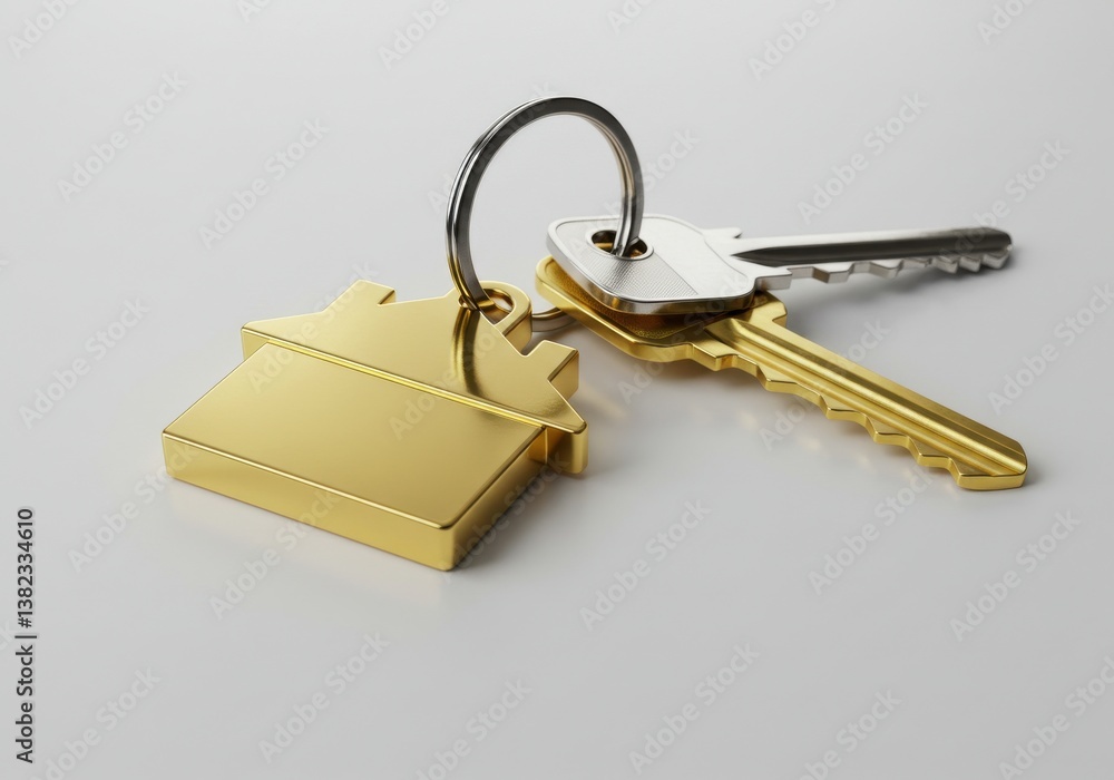 Poster close up of a gold house shaped keychain with two keys on a white surface in soft studio light