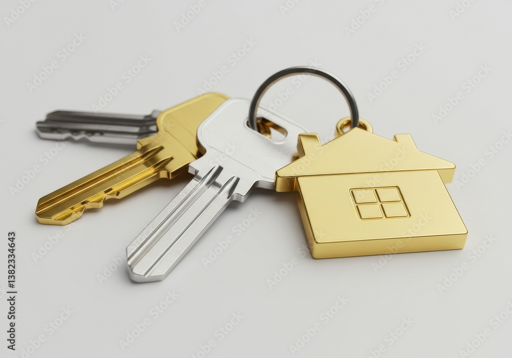 Poster a close up of three keys on a ring with a house shaped keychain on a white background surface