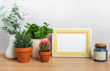Modern home decor with blank picture frame, plants, and candle on wooden shelf