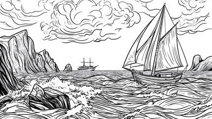 An elegant line art drawing of a majestic sailing boat gliding across a calm ocean, A black and white illustration featuring a  adventure and classic nautical life, Minimalist line art of a sailboat.