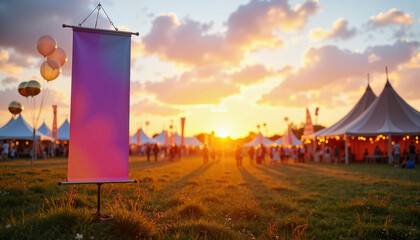 Fototapeta premium Vibrant sunset over outdoor festival with colorful banners, joyful celebration