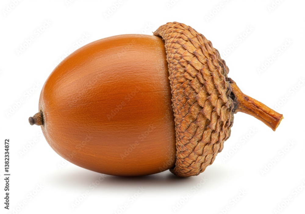 Poster close up of a single acorn with a brown cap on a white background in a studio setting