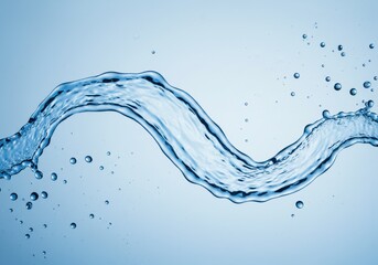 A clear water stream flowing horizontally with small bubbles on a light blue background image shot