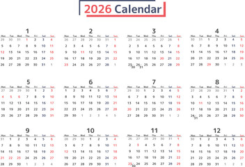シンプルなデザインの2026年の月曜始まり年間カレンダーの素材