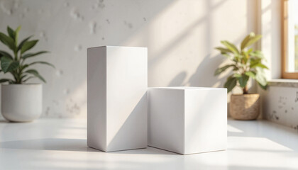 Minimalistic white box mockup in urban studio, modern design elegance