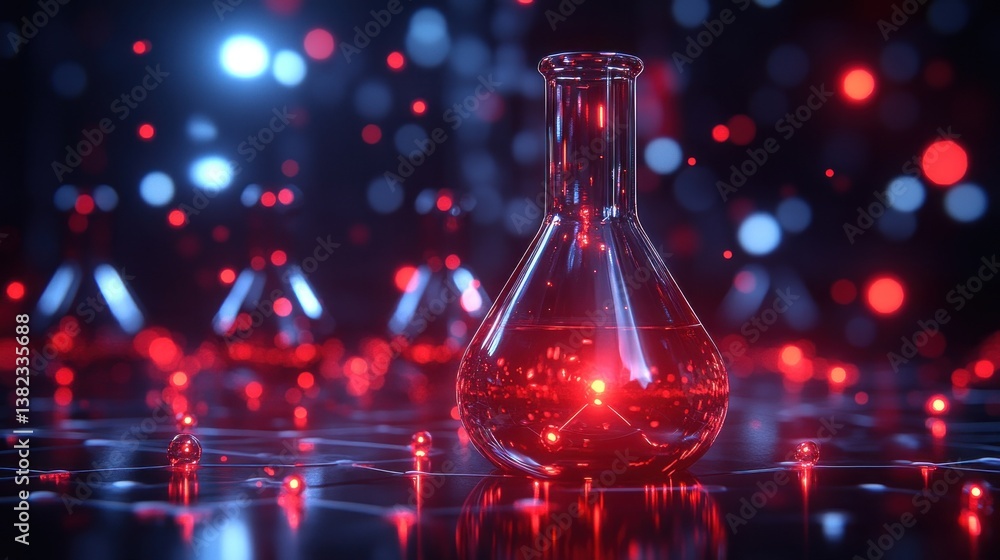 Poster red liquid in glass flask on dark surface with bokeh lights.