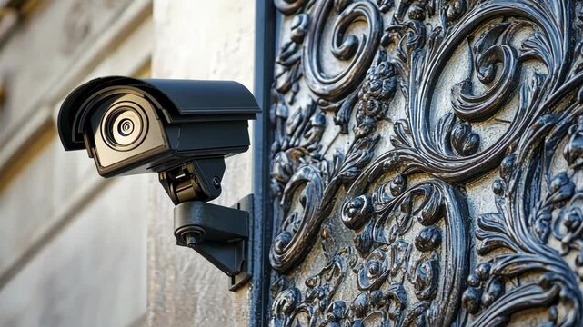 Modern security camera is mounted on a wall next to an ornate, traditional door, representing the blend of old and new in security measures, providing a sense of safety and protection