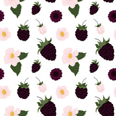 Pattern featuring blackberries and flowers on a white background for creative projects