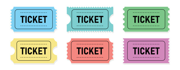 Colorful ticket designs for events and entertainment in various shades and styles