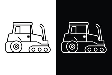 Black and White Bulldozer Vector Icon. Thin Line Mining Vehicle Clipart