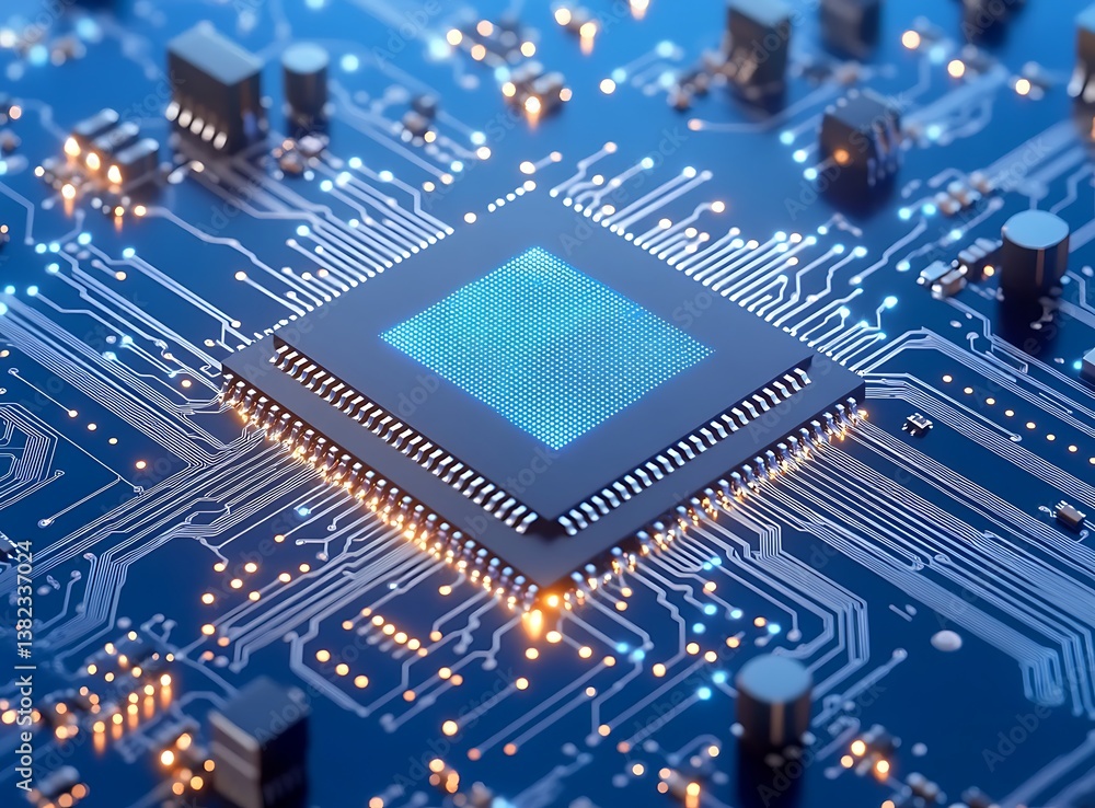 Wall mural blue circuit board background, a computer technology pattern with a close-up view of a printed elect