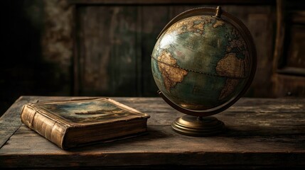Vintage Globe and Antique Book on Wooden Table: A Still Life of Exploration and History