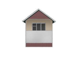 Facade of a small residential building with balcony is isolated. Ceramic tiles on the upper and lower sections.