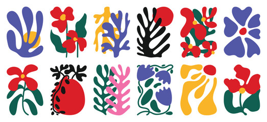 Botanical doodle background art vector set. Flower and leaves abstract shape doodle art design for print, wallpaper, clipart, wall art for home decoration.