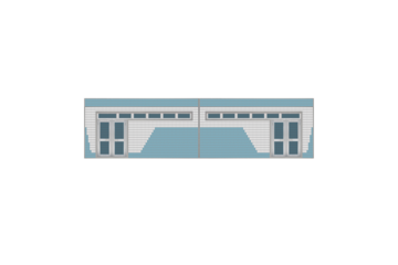 Abstract small architectural structure with a facade covered in white and blue ceramic tiles, isolated. Use as a small shop or storage. Minimalistic geometric design, with two metal doors.