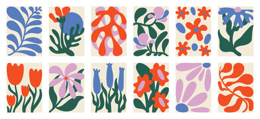 Botanical doodle background art vector set. Flower and leaves abstract shape doodle art design for print, wallpaper, clipart, wall art for home decoration.