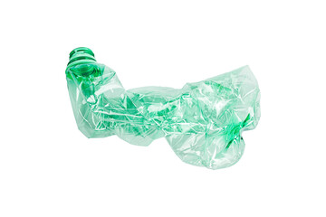 Crumpled green plastic bottle isolated, ready for recycling. Environmental concept, plastic waste.