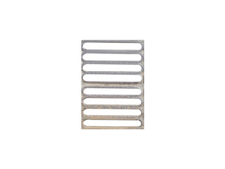 Rectangular metal drainage grate with horizontal slots, isolated. Rusty surface.