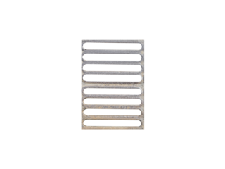 Rectangular metal drainage grate with horizontal slots, isolated. Rusty surface.