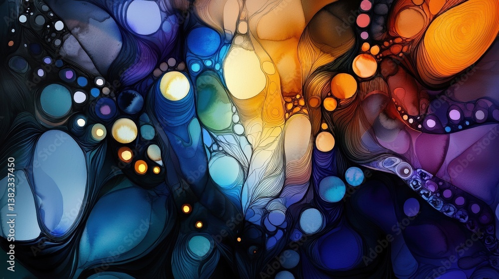 Poster a vibrant abstract image featuring swirling colors and shapes, creating an illusion of depth and flu
