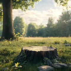 A photorealistic image of an empty tree stump in the center, with green fields and trees behind it