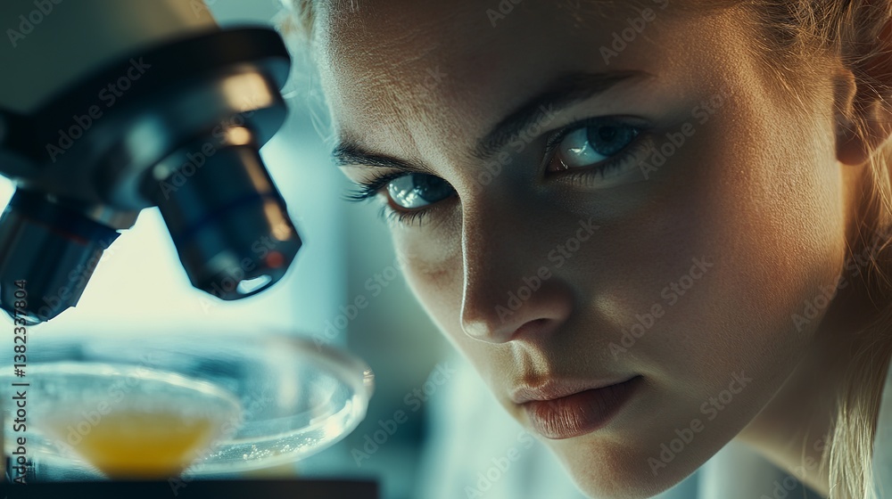 Aufkleber a focused woman in a lab coat examining a sample under a microscope in a bright laboratory setting