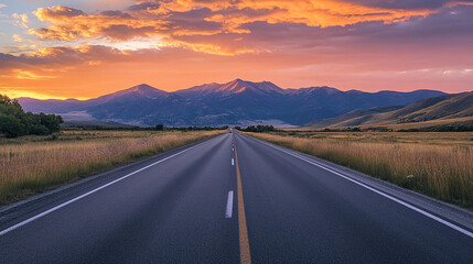 Naklejka premium Captivating Sunset Landscape view with Winding Mountain Road, a beautiful mountain road soft pastel colors breathtaking sunset, Beautiful landscape with empty highway and hills.