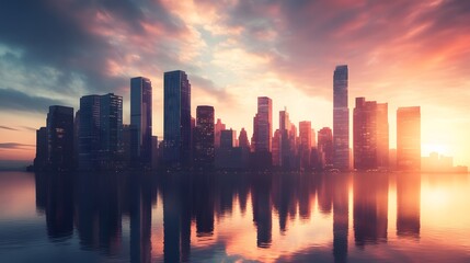 Fototapeta premium City skyline reflected in calm water at sunrise