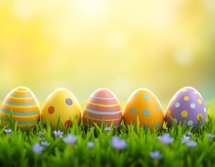  row of colorful Easter eggs resting on a lush green grassy field
