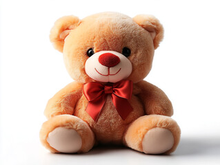 Adorable Plush Teddy Bear with Red Bow on White Background