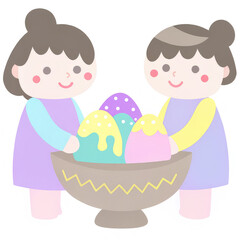 Easter treats celebratory. Two cheerful children holding a bowl of colorful ice cream, showcasing a playful and joyful atmosphere. isolated on white background