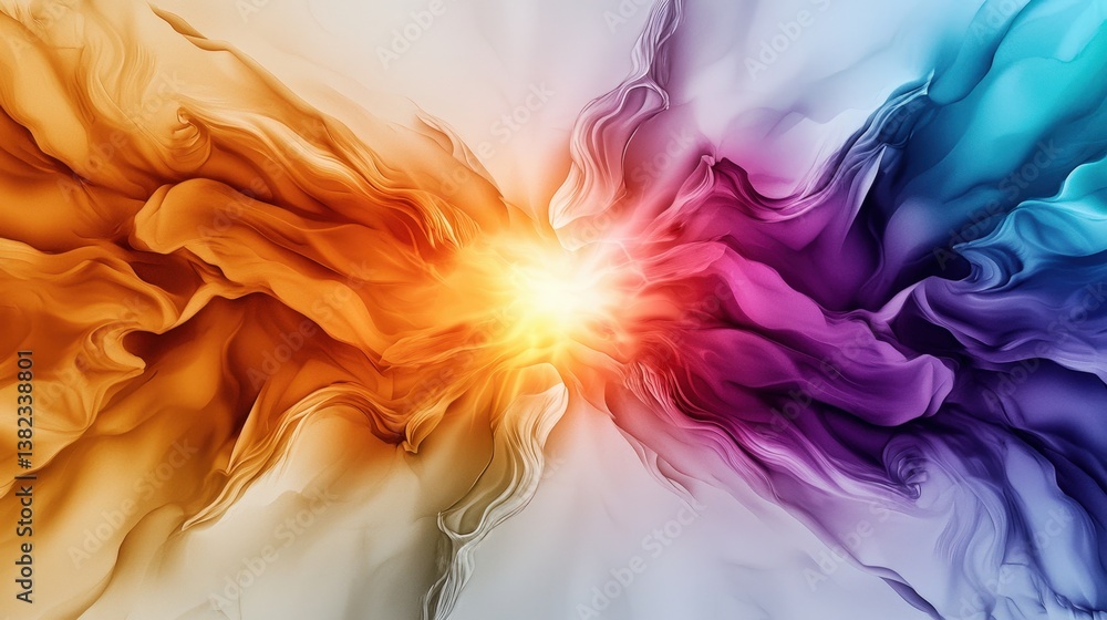 Poster a vibrant, abstract explosion of colors, blending warm oranges and cool blues, creating a dynamic vi