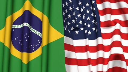 Flags of BRAZIL and USA with realistic cloth texture