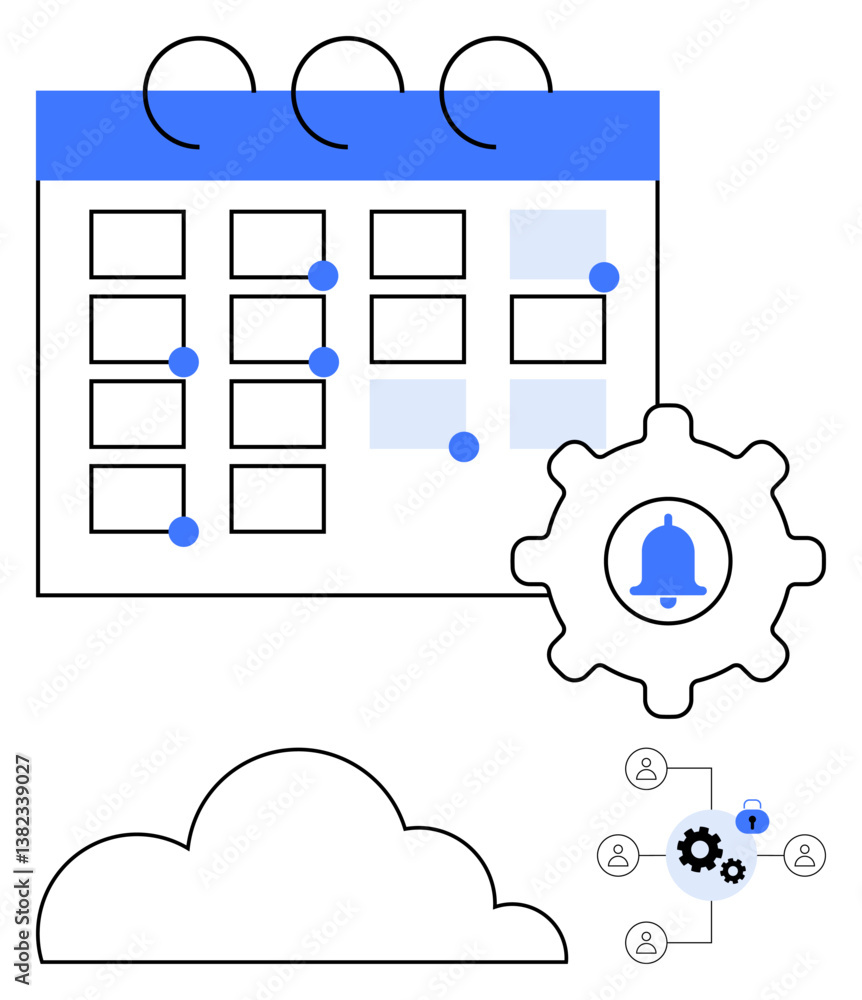 Poster calendar grid with marked dates, gear with notification icon, cloud, and workflow diagram. ideal for