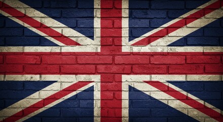 Fototapeta premium Distressed weathered brick wall displaying the iconic Union Jack flag mural