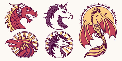 Colorful Cartoon Mythical Creatures Vector Art Dragon Unicorn Wolf Phoenix Heads in Circle Frames Fantasy Animal Designs Icons Emblems Heraldic Illustrations