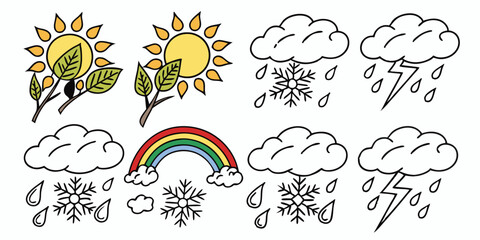 Cartoon Weather Icons Vector: Sun, Clouds, Rain, Snow, Lightning, Rainbow Simple Line Art Style Illustration