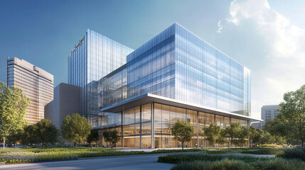 Obraz premium Sleek facade of modern glass office architecture reflecting the sky, Modern glass buildings with reflective facades set against a bright fluffy white clouds, Sustainable glass office building design.