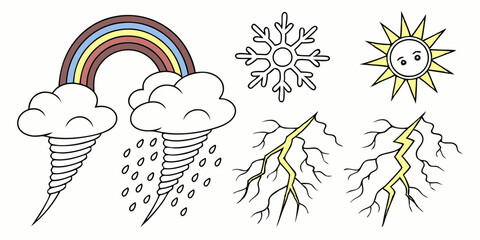 Weather Cartoon Icons Rainbow Rain Snow Sun Lightning Vector Illustration