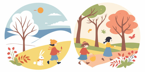 Naklejka premium Flat Design Winter and Autumn Scenes People, Rabbit, Trees