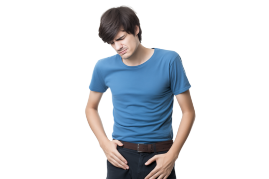 A man in a blue shirt holding his stomach and looking down with a pained expression on his face posing on transparent background png
